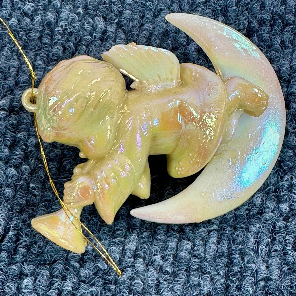 Cherub Angel Ornament Blowing Trumpet Sitting on Crescent Moon Iridescent‎